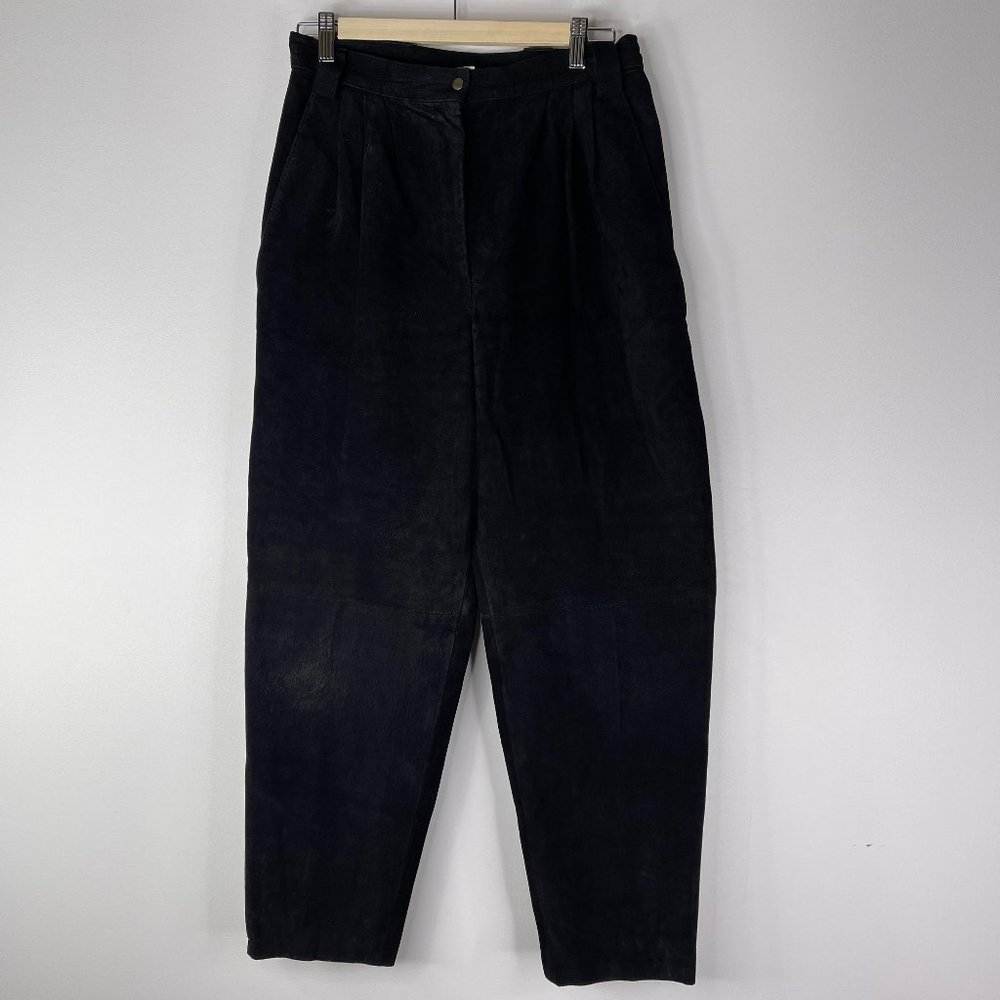 Vintage Women Black Suede Leather Lined High Waist Pleat Front Pants Size 13/14